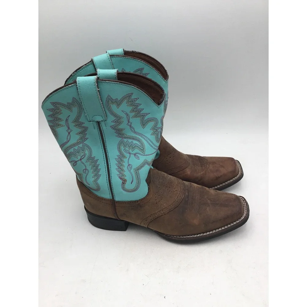 Justin Kids Brown Leather Turquoise Shaft Western Cowboy Boots 4853Y Size 3D